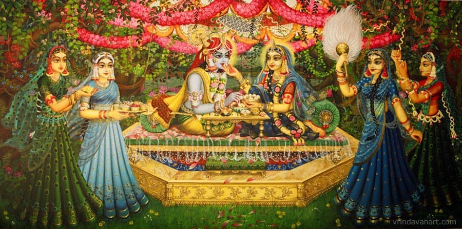 Radha Krishna. Bhojan lila on bank of Yamuna